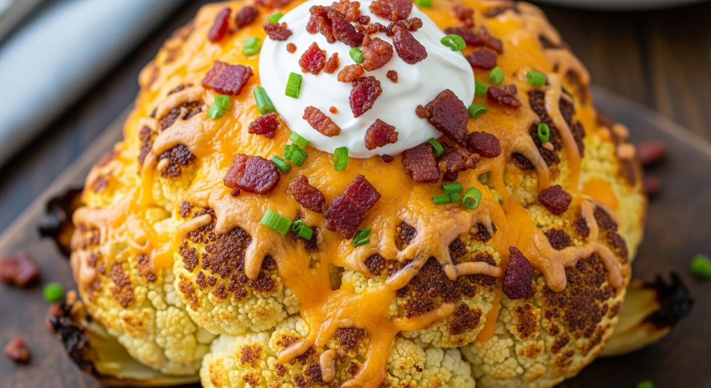 Kembang kol panggang dengan cheddar leleh, krim asam, potongan bacon, dan daun bawang cincang di atas piring gelap.