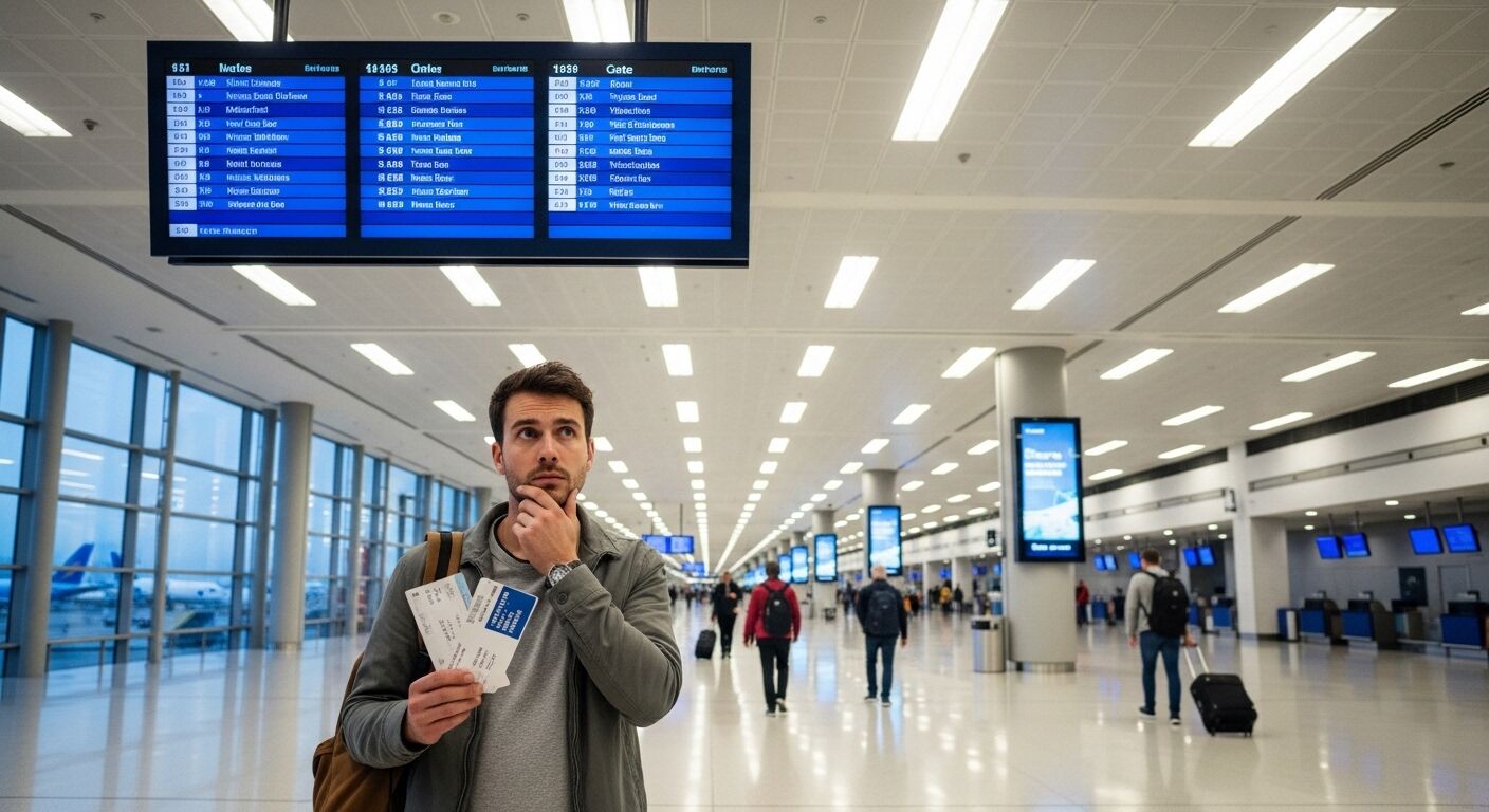 Pria yang memegang boarding pass dan melihat layar informasi penerbangan di terminal bandara.