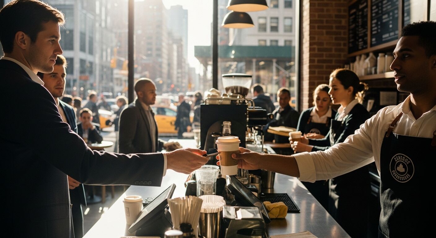 Barista menyerahkan cangkir kopi kepada pelanggan yang membayar dengan kartu di konter kedai kopi perkotaan yang sibuk.