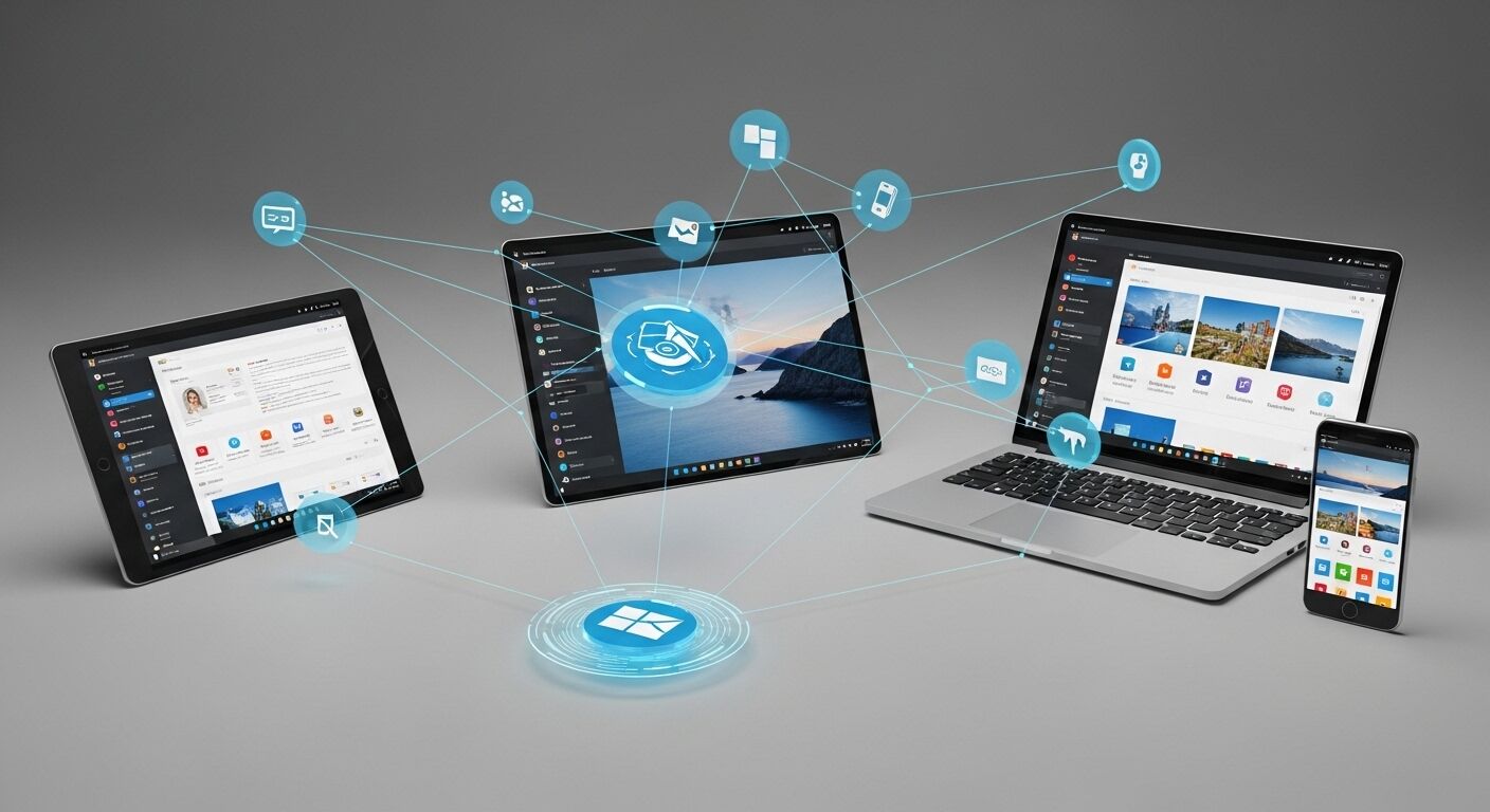 Logo Windows yang menghubungkan tablet, laptop, ponsel cerdas, dan ikon yang mewakili berbagai aplikasi dan fitur.