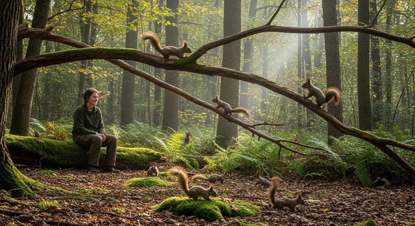 Orang yang duduk di atas kayu berlumut di hutan dikelilingi oleh banyak tupai di tanah dan dahan pohon