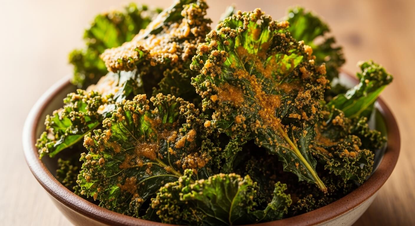 Semangkuk keripik kangkung renyah yang dibumbui dengan campuran rempah emas di permukaan kayu.