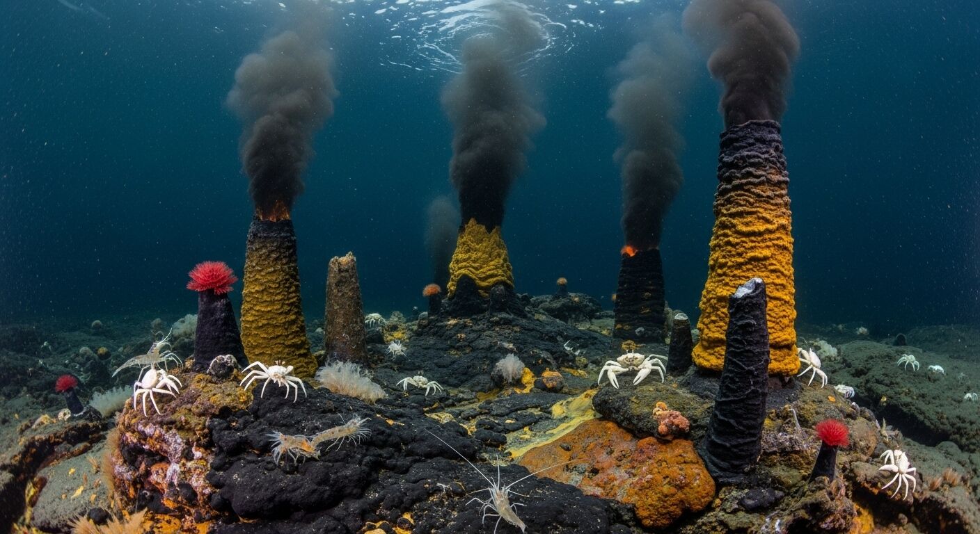 Cerobong vulkanik bawah air mengeluarkan asap hitam dengan kepiting putih dan anemon laut merah di dasar laut