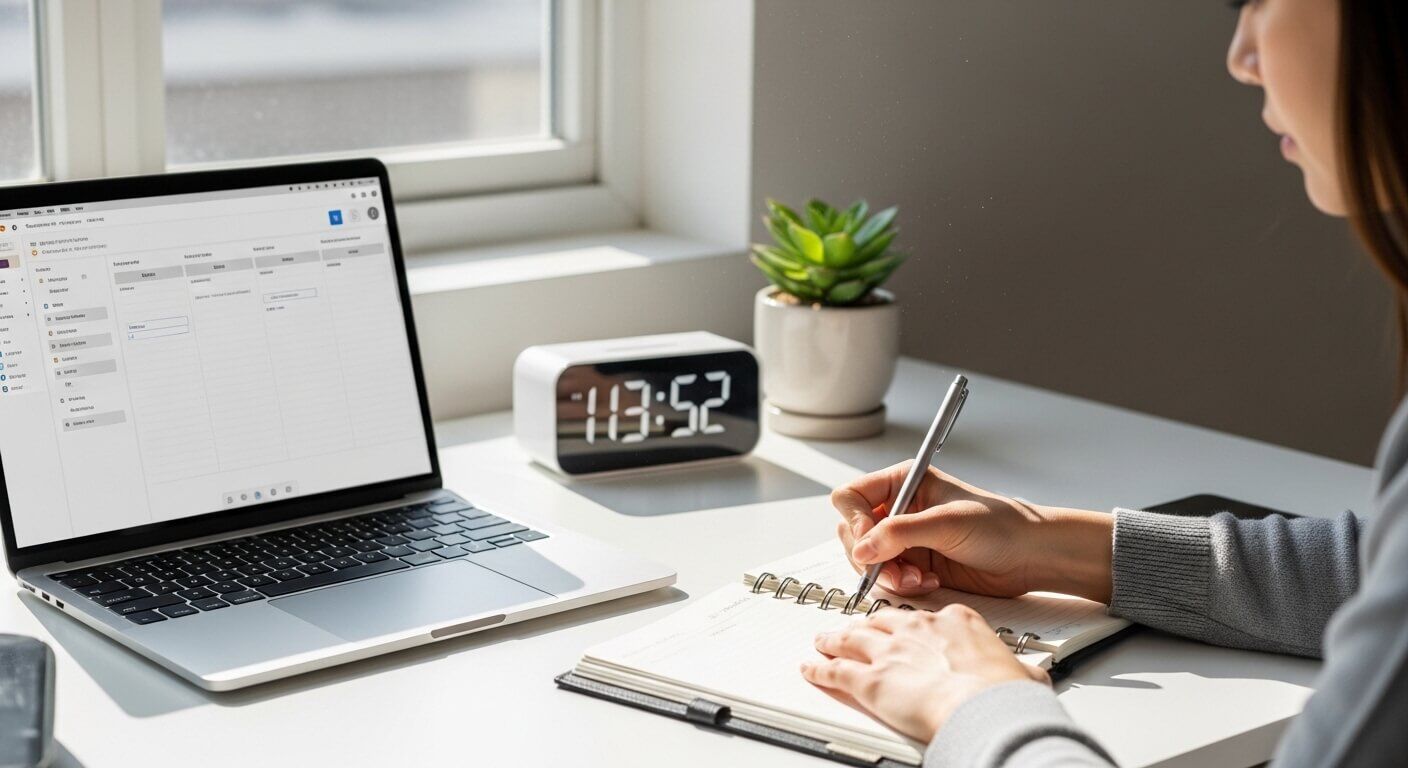 Orang yang menulis di buku catatan di samping laptop menampilkan spreadsheet dan jam digital menunjukkan pukul 11:52 di meja putih