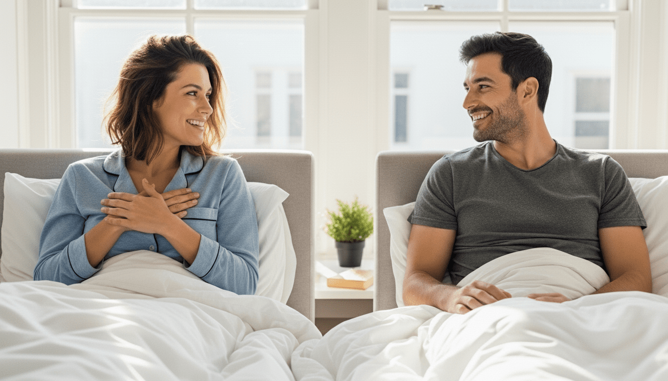 Wanita tersenyum dengan piyama biru dan pria dengan kaos abu-abu duduk di tempat tidur saling berhadapan di kamar tidur yang terang
