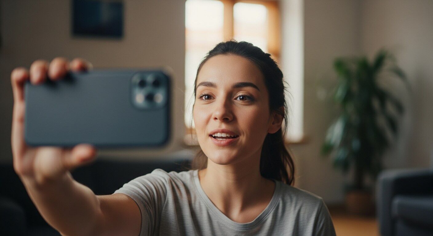 Wanita muda berfoto selfie dengan smartphone di ruang tamu yang nyaman dengan cahaya alami.