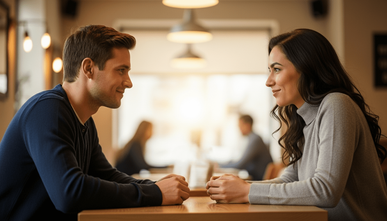 Pria dan wanita tersenyum dan berbicara di seberang meja di kafe yang nyaman dengan pencahayaan hangat