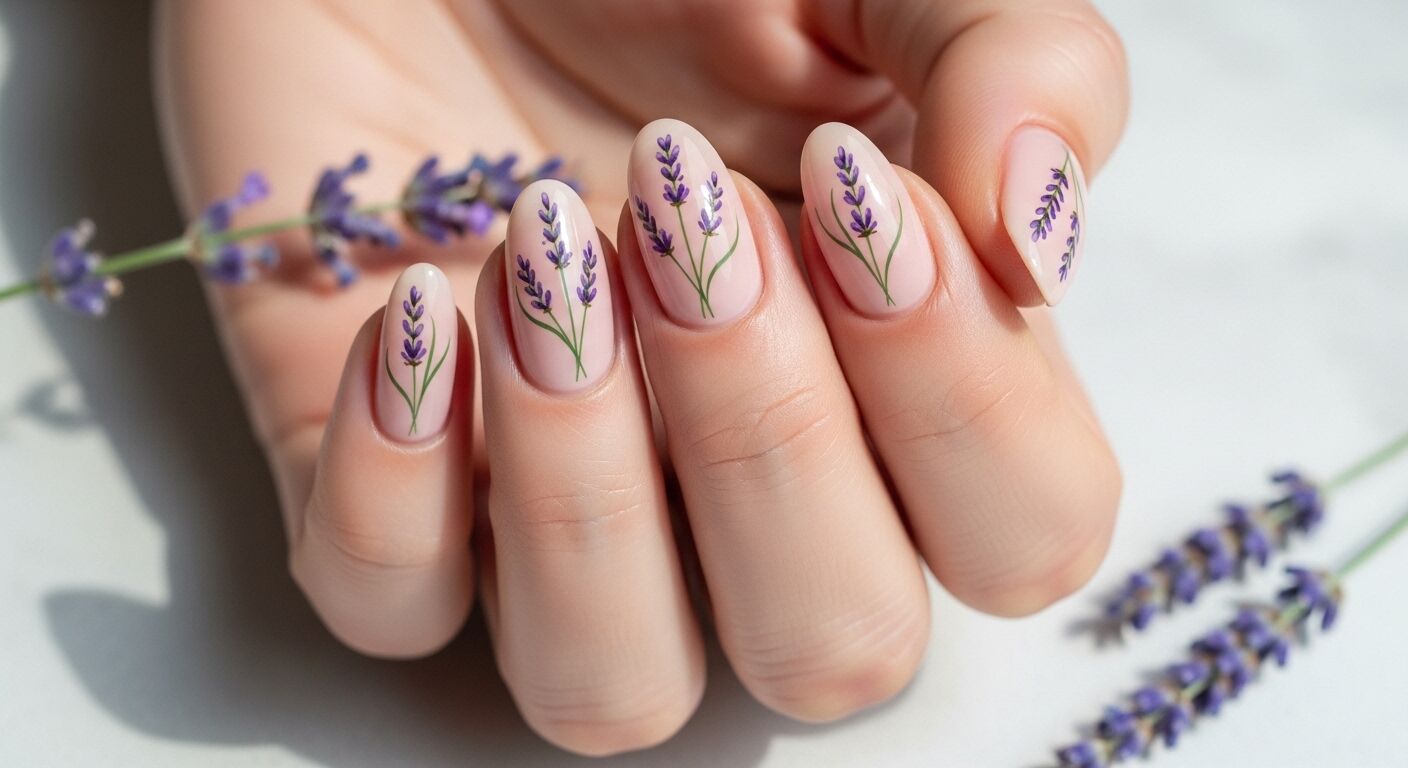 Tangan dengan kuku telanjang menampilkan seni kuku bunga lavender ungu halus dan tangkai lavender di latar belakang.