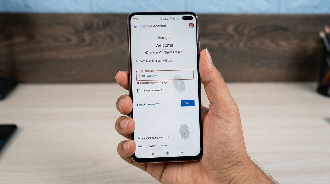 Ponsel pintar yang memegang tangan menampilkan layar masuk Akun Google dengan pesan kesalahan kata sandi yang salah.
