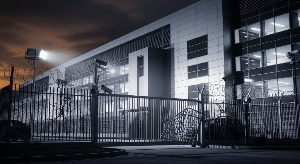 Gerbang keamanan dengan jeruji logam rusak dan kawat berduri mengelilingi gedung perkantoran modern di malam hari.