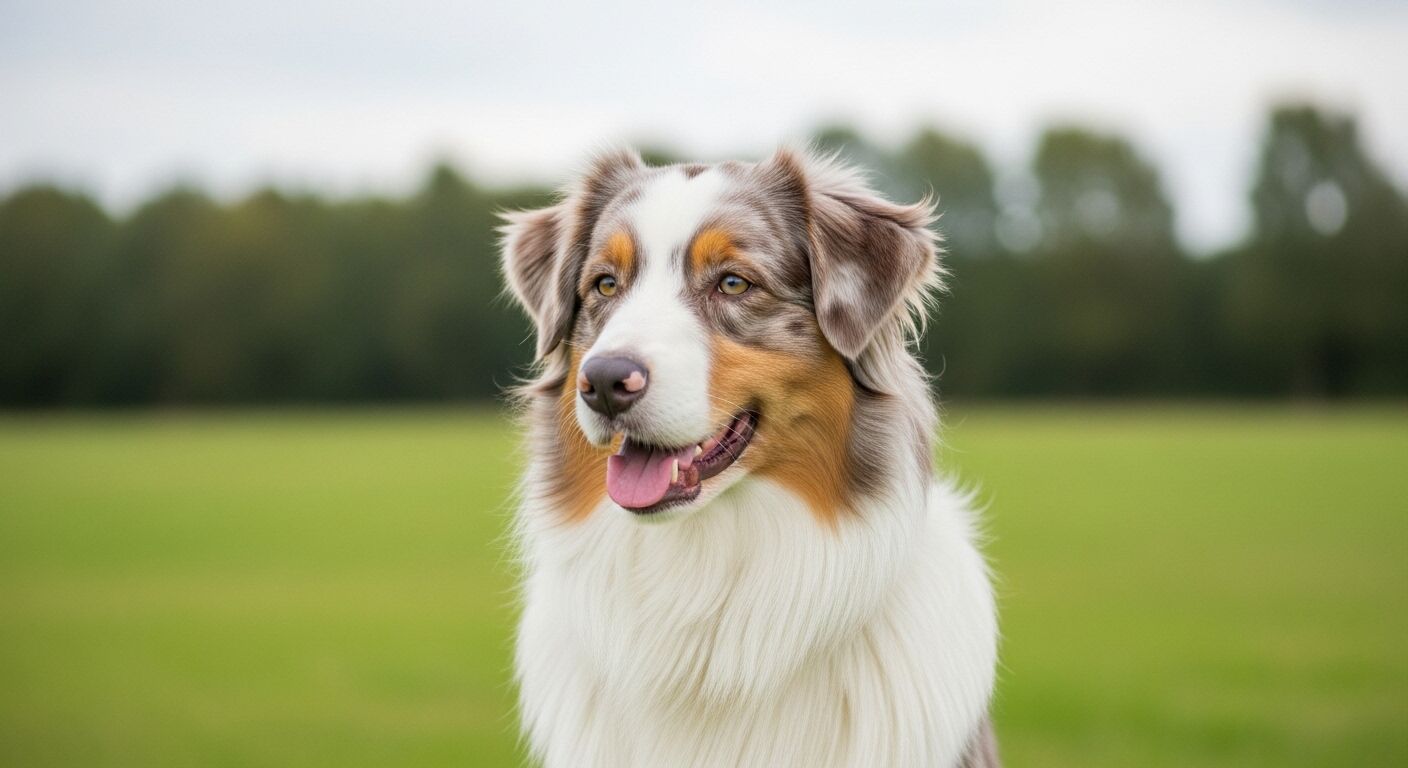 Anjing Gembala Australia dengan bulu putih, coklat, dan abu-abu duduk di lapangan berumput dengan latar belakang pepohonan