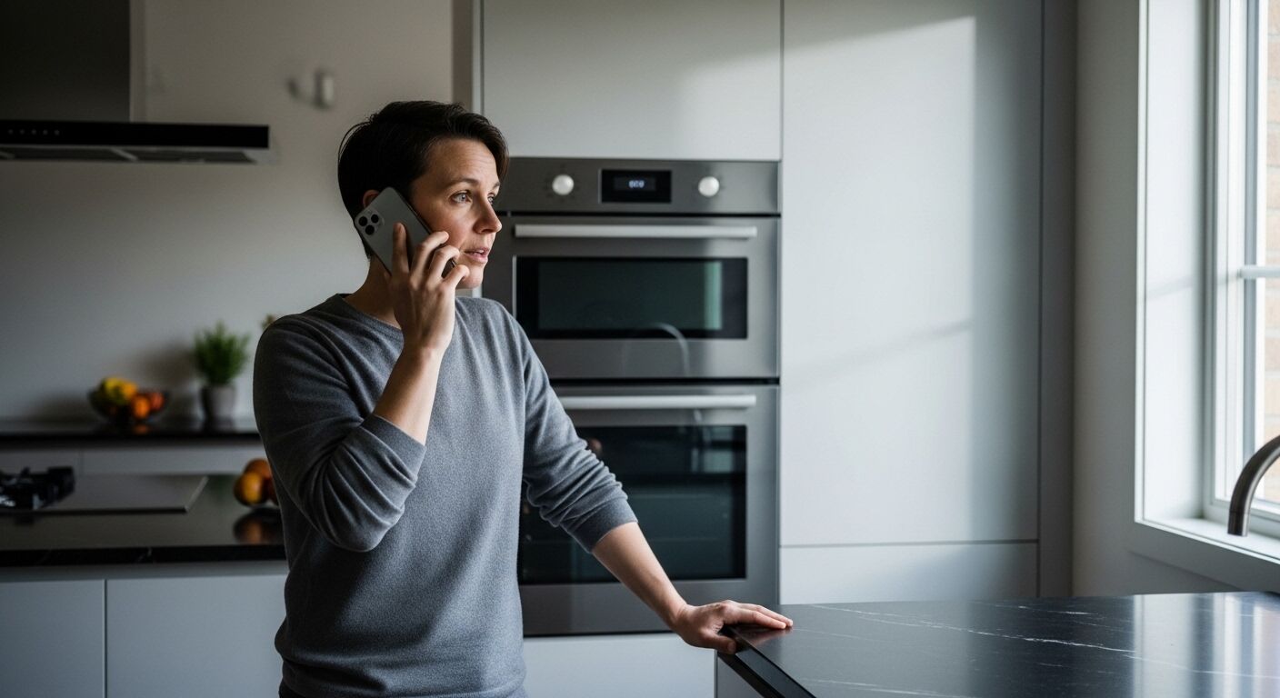 Seseorang dengan sweter abu-abu berbicara di smartphone di dapur modern dengan oven ganda dan lampu jendela