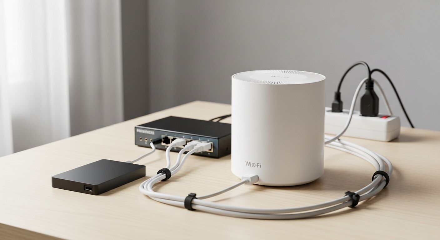 Router Wi99-Fi putih terhubung ke saklar jaringan hitam dan hard drive eksternal di meja kayu