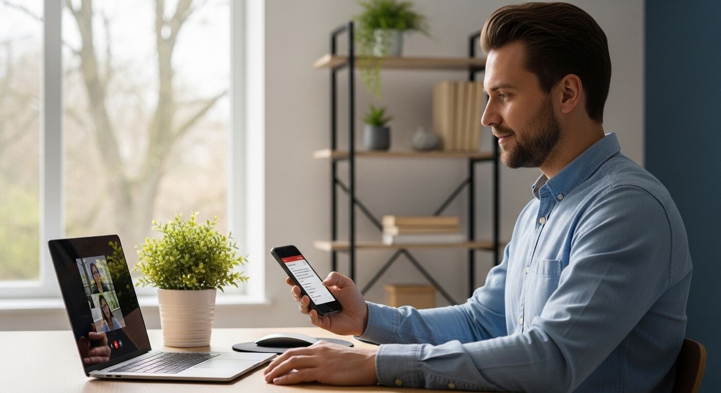Pria berkemeja biru memegang smartphone selama panggilan video di laptop di meja kantor rumah