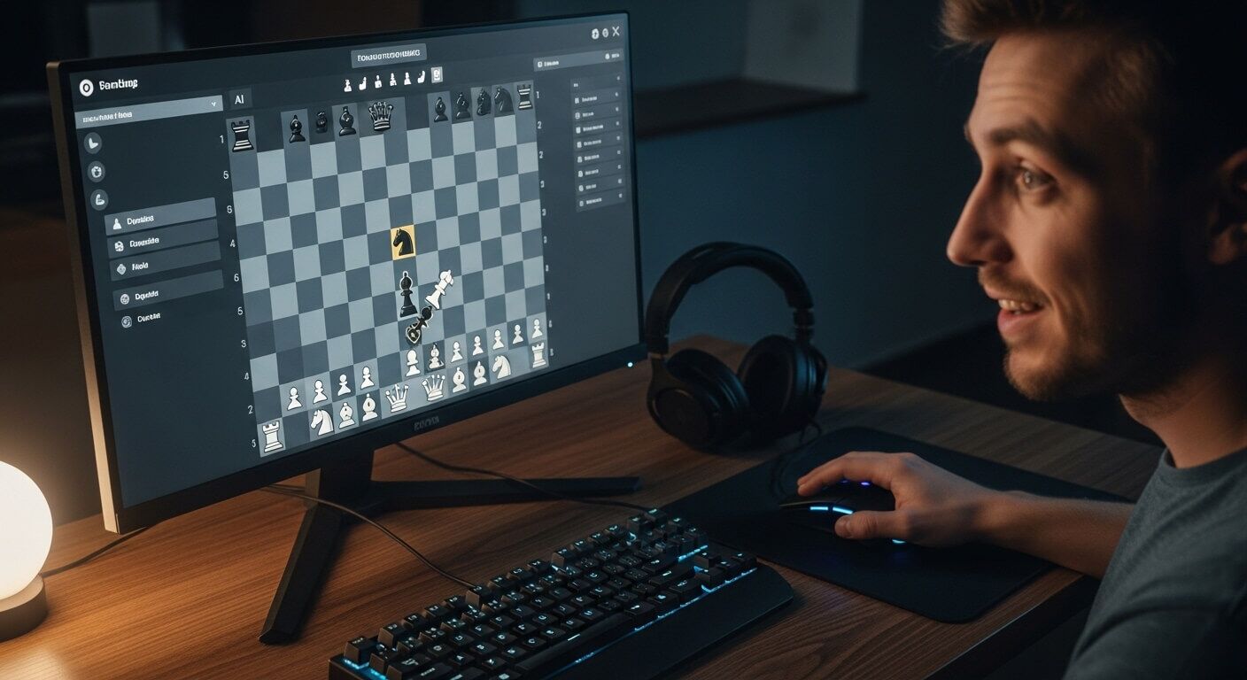 Seorang pria bermain catur di komputer desktop dengan monitor Recyclon dan keyboard serta mouse gaming di meja kayu