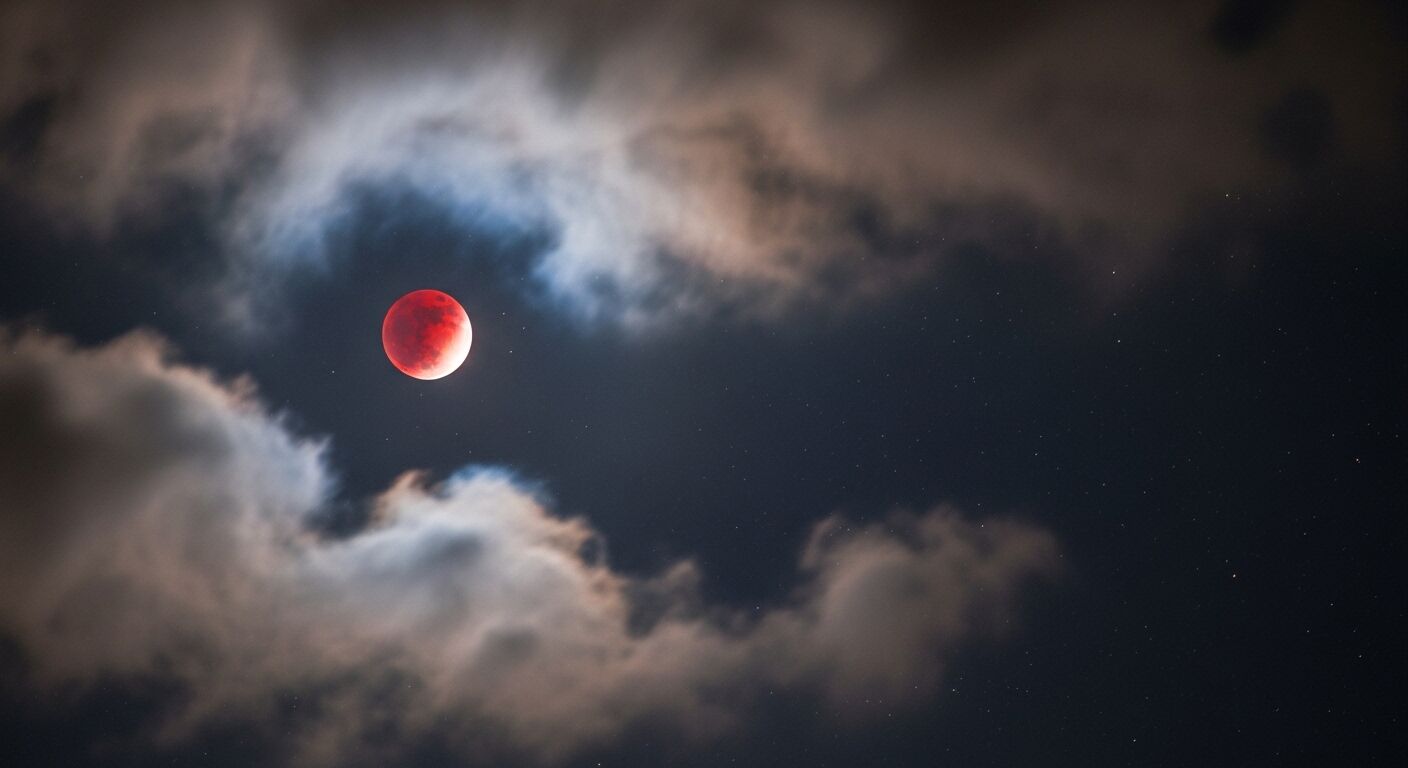 Bulan darah saat gerhana bulan dikelilingi awan gelap dan bintang di langit malam.