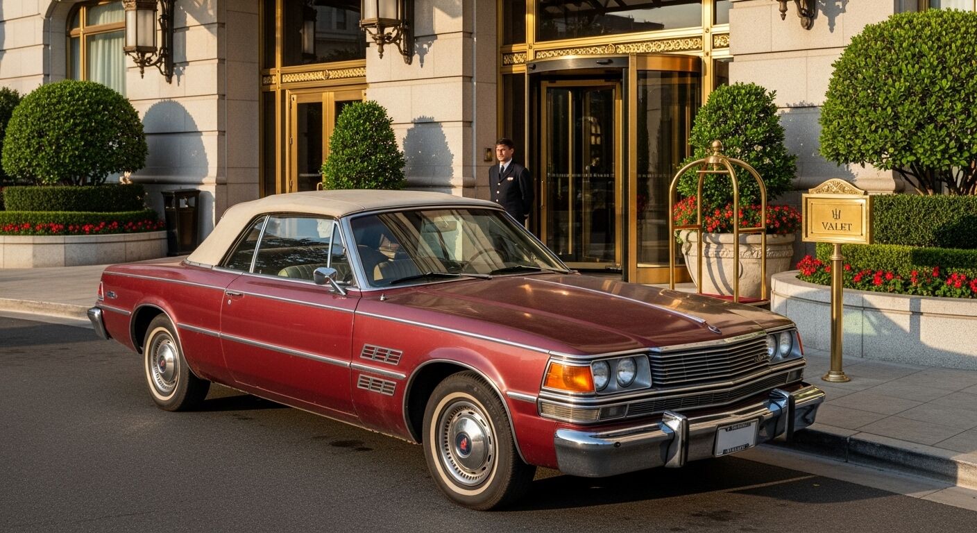 Mobil convertible Chrysler berwarna merah marun diparkir di luar hotel mewah dengan tanda valet dan penjaga pintu di dekatnya.