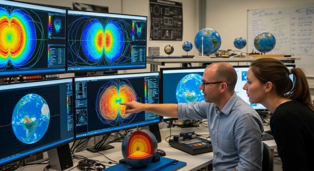 Dua ilmuwan menganalisis data medan magnet bumi pada beberapa monitor di laboratorium penelitian dengan model bola dunia.