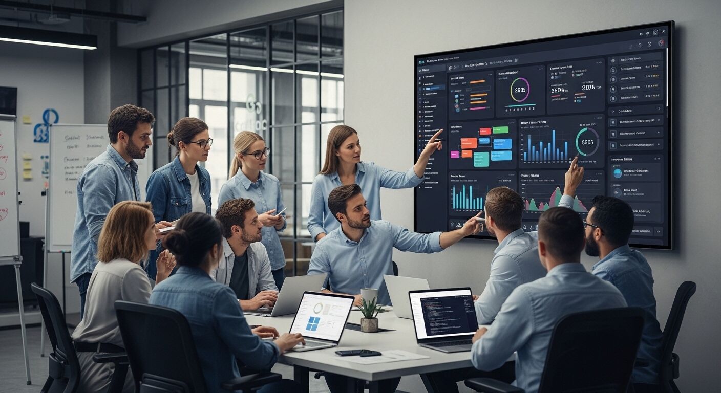 Tim profesional menganalisis dasbor data pada layar besar selama pertemuan bisnis di kantor.