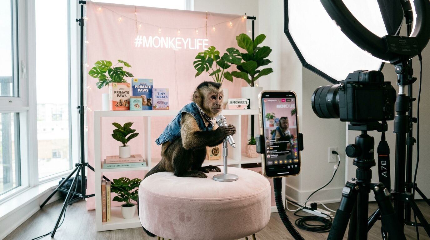 Monyet capuchin mengenakan rompi denim memegang mikrofon di bangku merah muda selama penyiapan livestream #MONKEYLIFE.