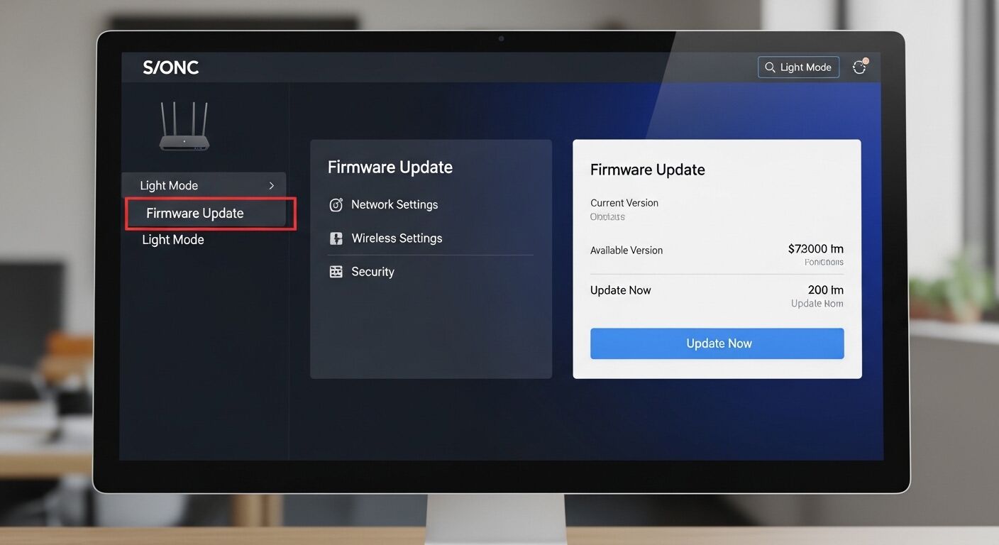 Layar pembaruan firmware router S/ONC menampilkan versi terkini dan yang tersedia dengan tombol Perbarui Sekarang.