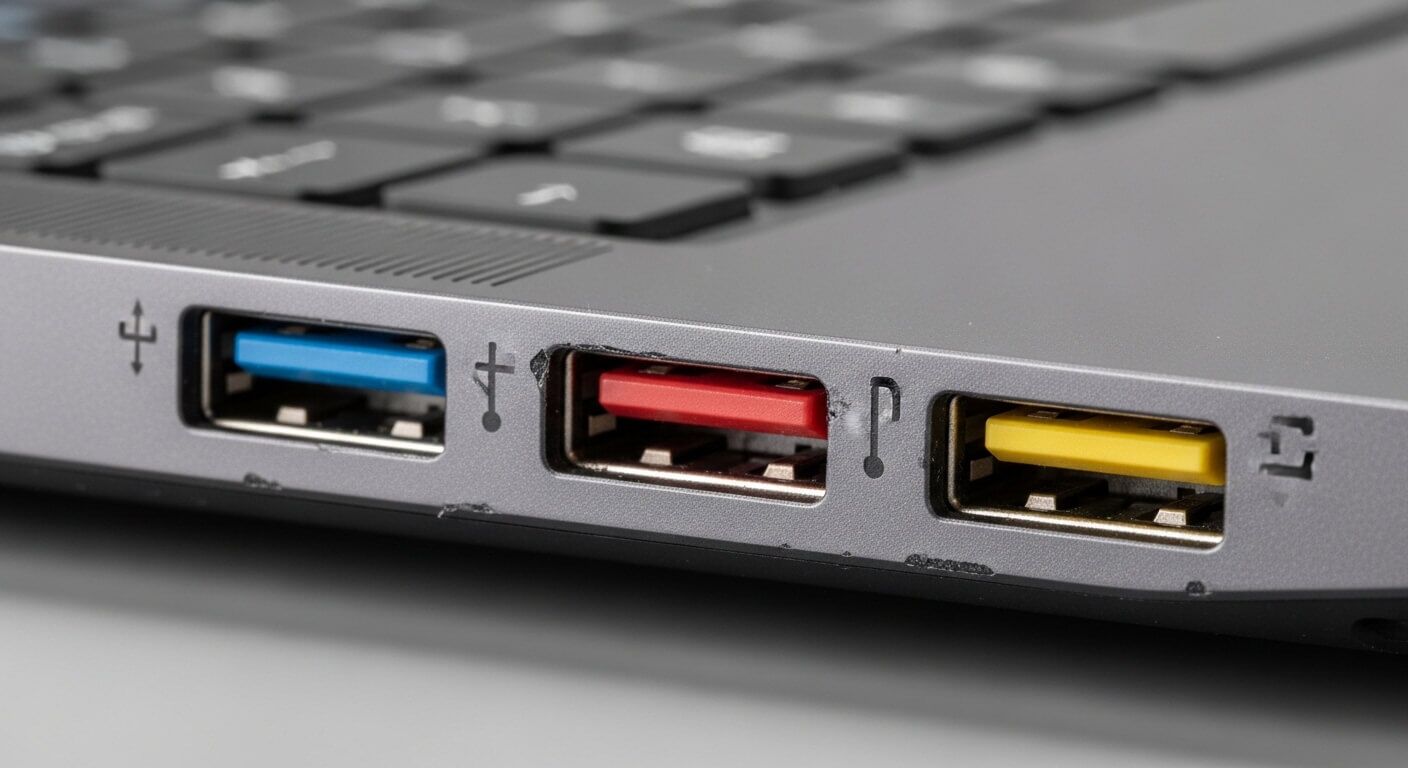Tampilan jarak dekat dari tiga port USB pada laptop dengan sisipan biru, merah, dan kuning.