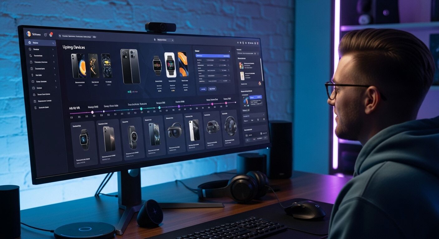 Pria berkacamata dan hoodie menggunakan monitor layar lebar yang menampilkan dasbor produk teknologi dengan ponsel pintar dan jam tangan pintar.