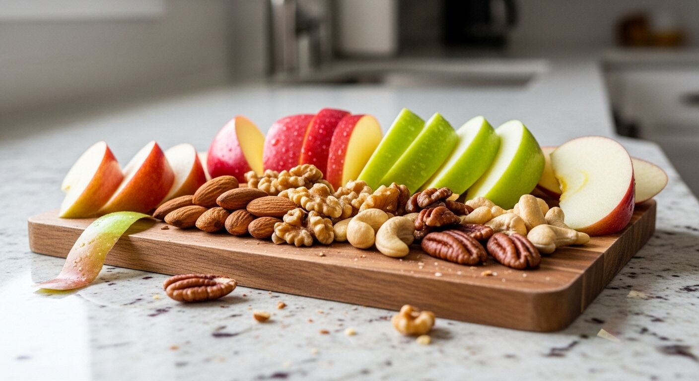 Irisan apel merah dan hijau dengan almond, kenari, kacang mete, dan pecan di talenan kayu.