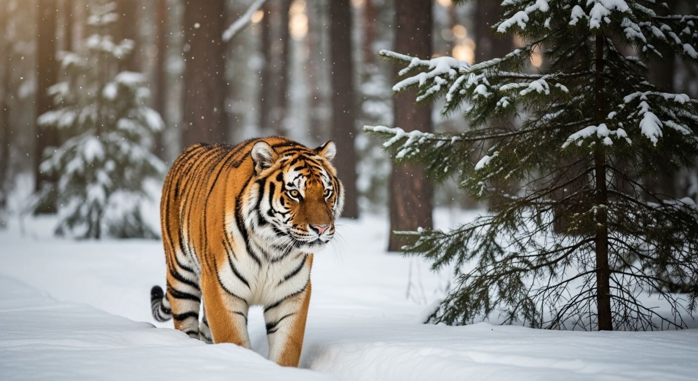 Harimau Siberia berjalan melalui hutan bersalju dengan latar belakang pohon pinus yang tertutup salju