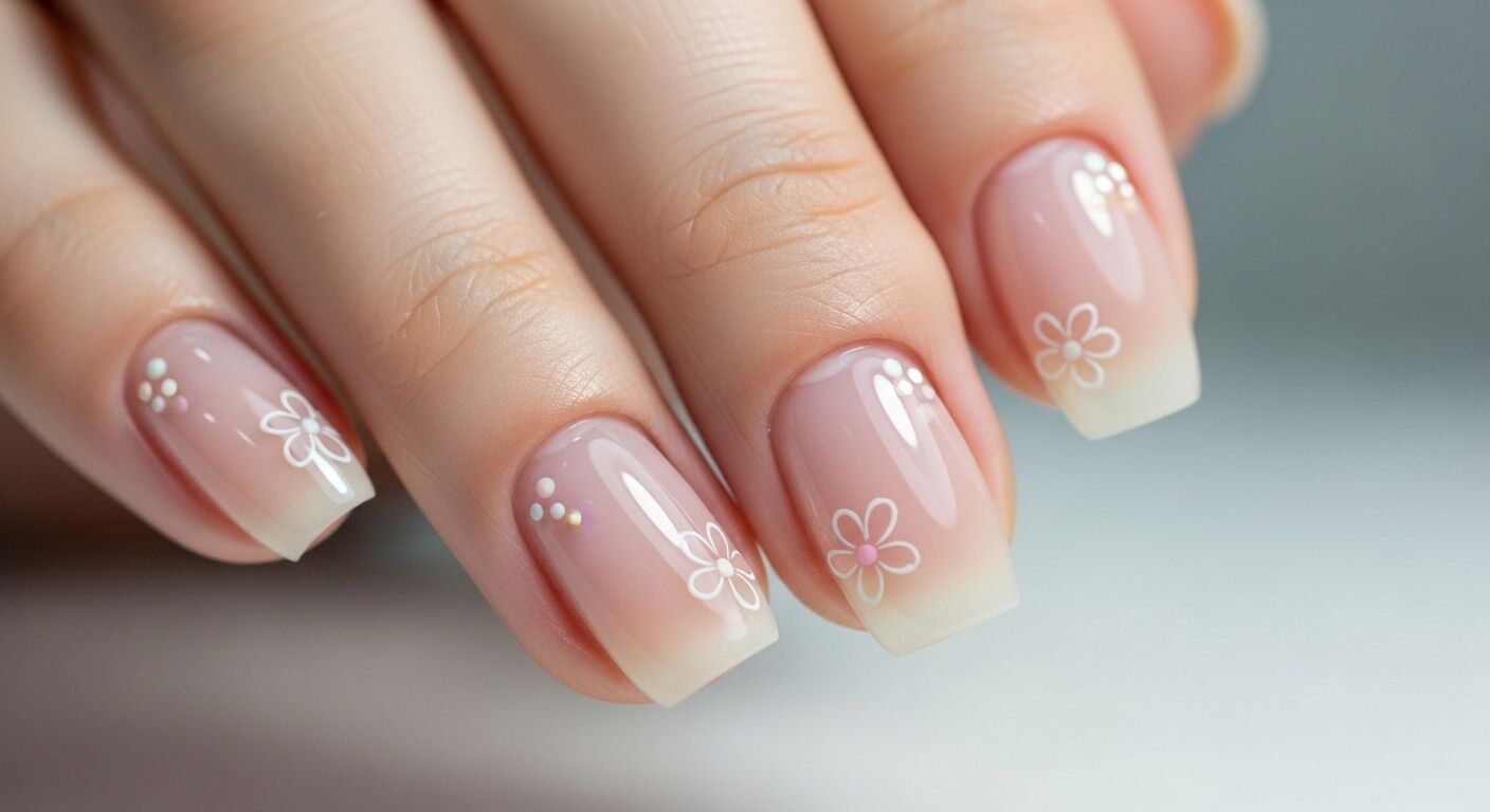 Kuku ombre telanjang dengan aksen bunga dan titik putih di tangan dengan latar belakang abu-abu.