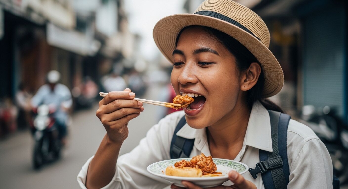 Wanita muda bertopi makan ayam goreng dengan sumpit di jalan.