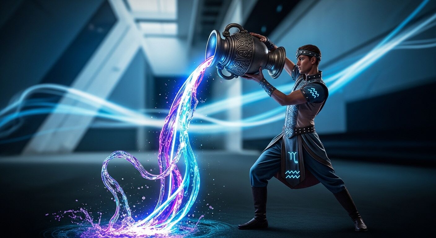 Seseorang dengan pakaian futuristik menuangkan cairan biru dan ungu bersinar dari kendi berhias dalam suasana modern.