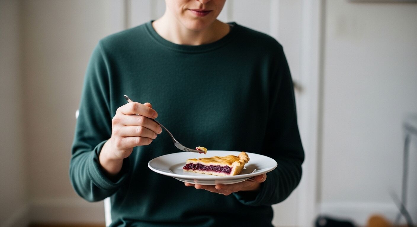 Orang dengan sweter hijau memegang piring dengan sepotong pai berry dan garpu dengan sepotong pai