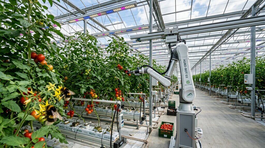Lengan robot AGRO-BOT 03 memanen tomat di rumah kaca berteknologi tinggi dengan lampu pertumbuhan LED dan penyerbukan lebah.