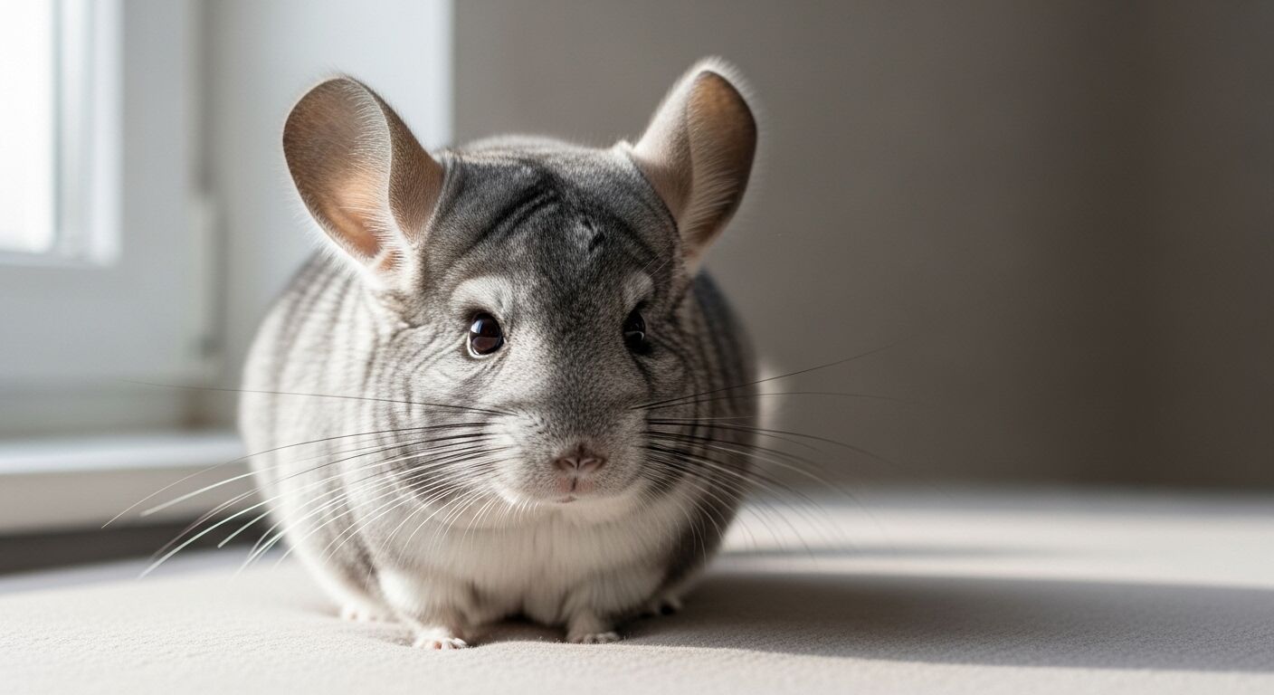 Tampilan jarak dekat dari chinchilla abu-abu dengan telinga besar dan kumis panjang duduk di permukaan terang dekat jendela.
