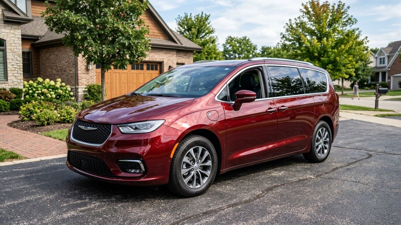 Minivan Red Chrysler Pacifica diparkir di jalan masuk pinggiran kota di depan sebuah rumah.