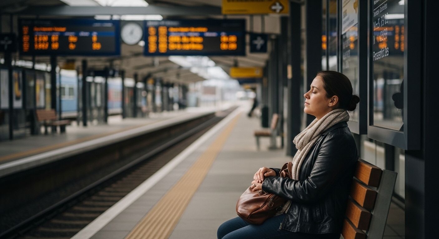 Wanita berjaket kulit dan syal duduk dengan mata tertutup di bangku peron stasiun kereta