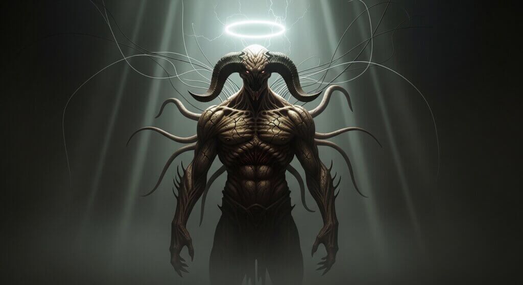 Makhluk berotot iblis dengan tanduk besar melengkung, mata merah menyala, pelengkap seperti tentakel, dan lingkaran cahaya bersinar di atas kepalanya.