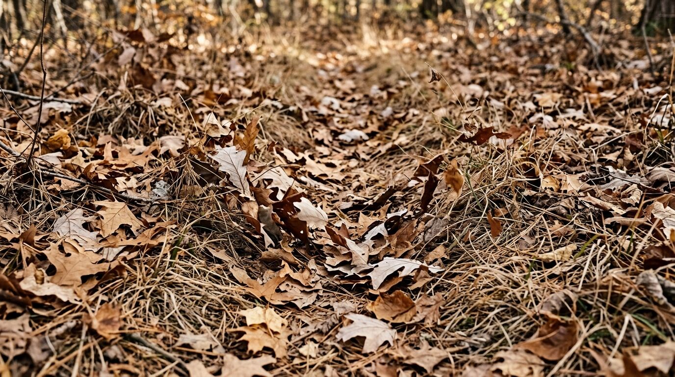 Daun ek coklat kering dan jarum pinus menutupi lantai hutan di musim gugur
