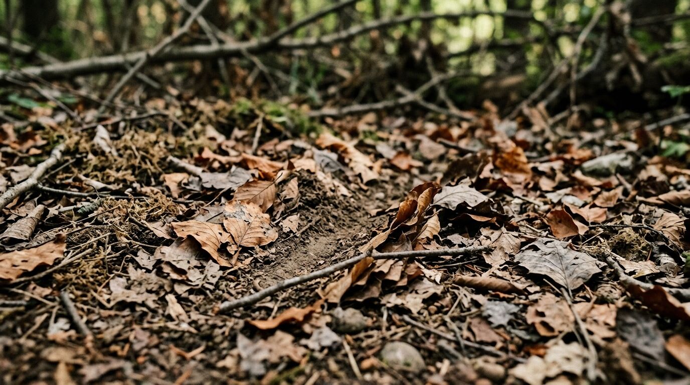 Lantai hutan ditutupi daun-daun kering berwarna coklat, ranting-ranting, dan petak-petak tanah terbuka.