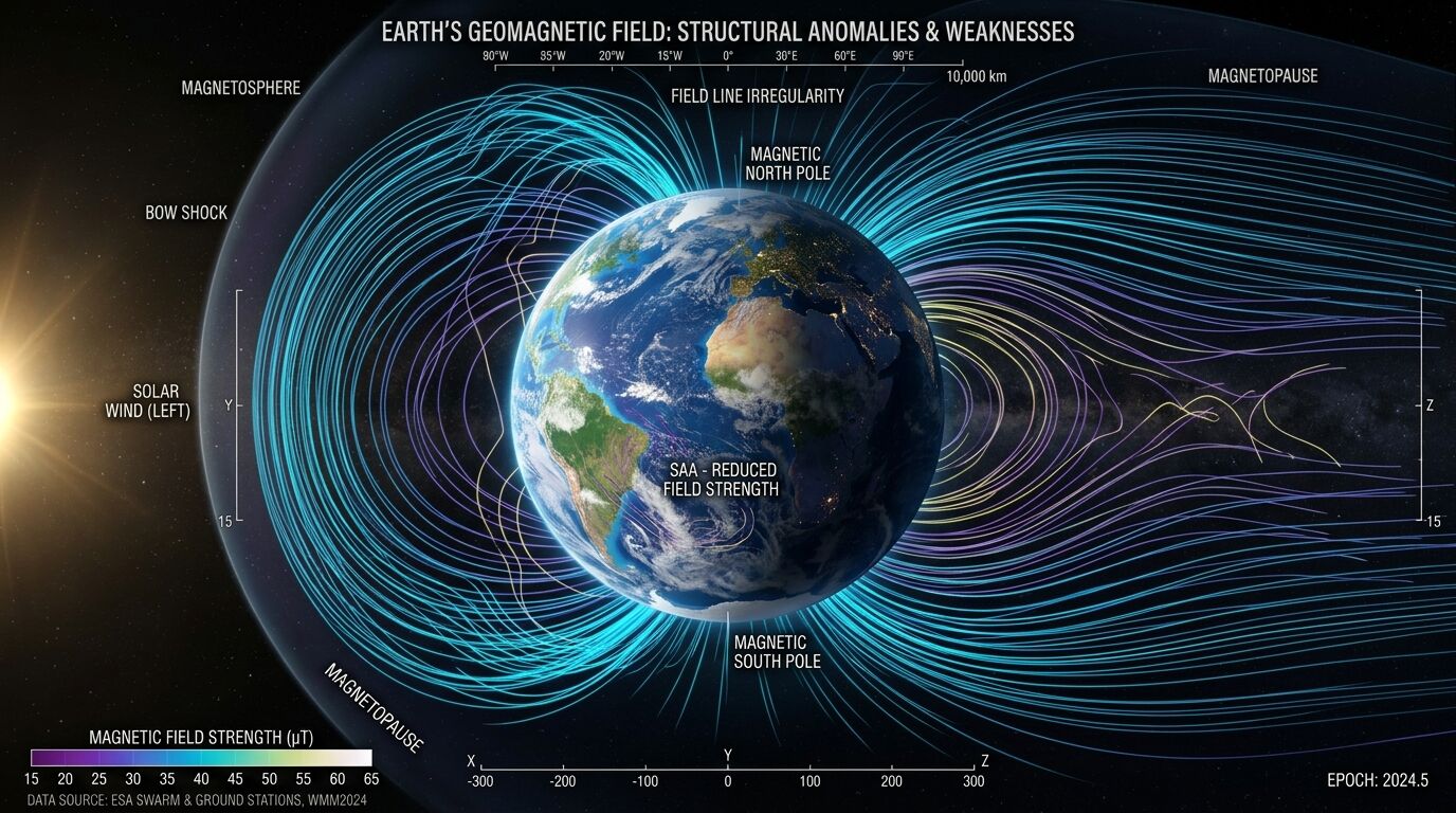 Garis medan geomagnetik bumi menunjukkan anomali struktur, kutub magnet, Anomali Atlantik Selatan, dan interaksi angin matahari.