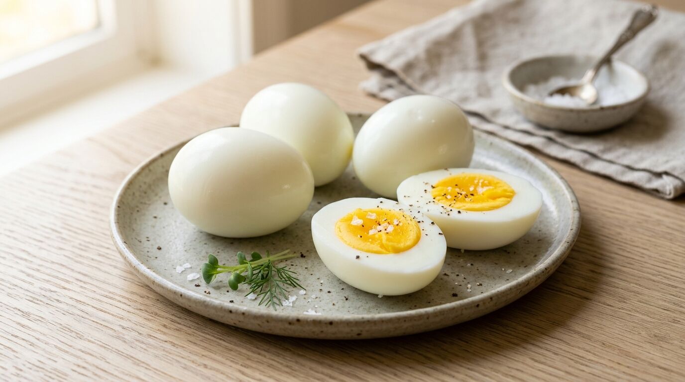 Piring dengan tiga telur rebus utuh dan satu setengah dibumbui dengan garam, merica, dan rempah-rempah di atas meja kayu