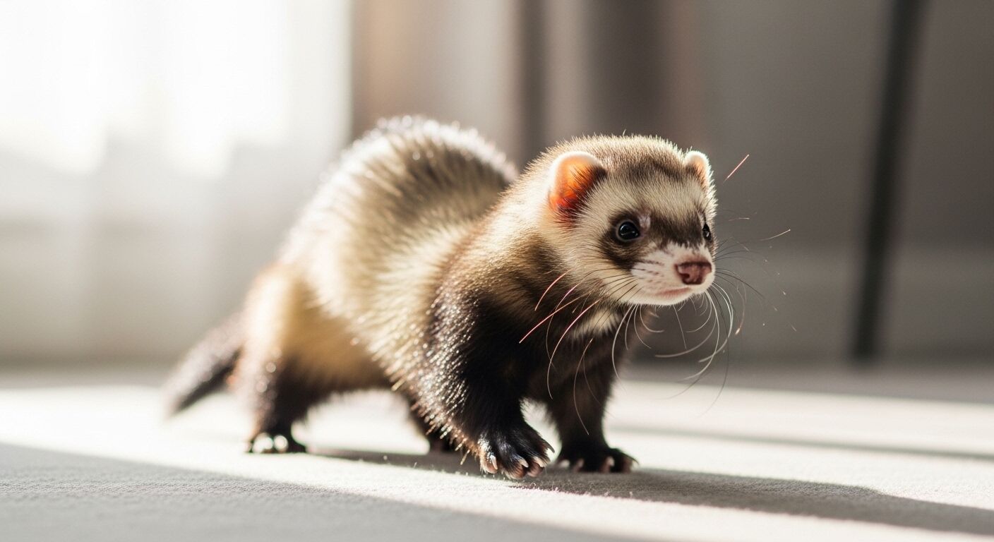 Ferret berjalan di lantai yang diterangi matahari dengan bayangan latar belakang yang lembut.
