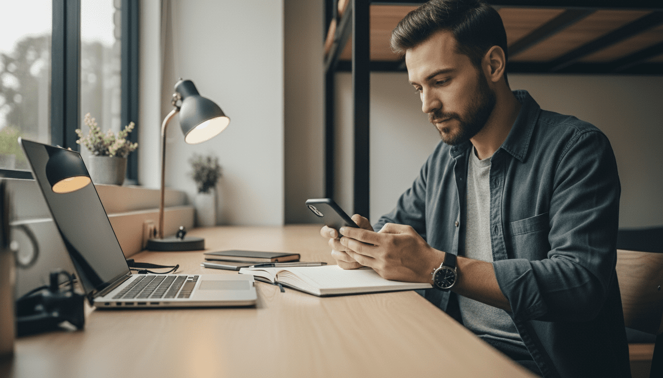 Pria berbaju kasual menggunakan smartphone di meja dengan laptop dan notebook dekat jendela di ruangan modern