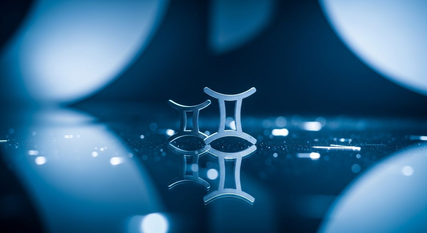 Dua simbol zodiak Gemini metalik tercermin pada permukaan mengkilap dengan pencahayaan biru.