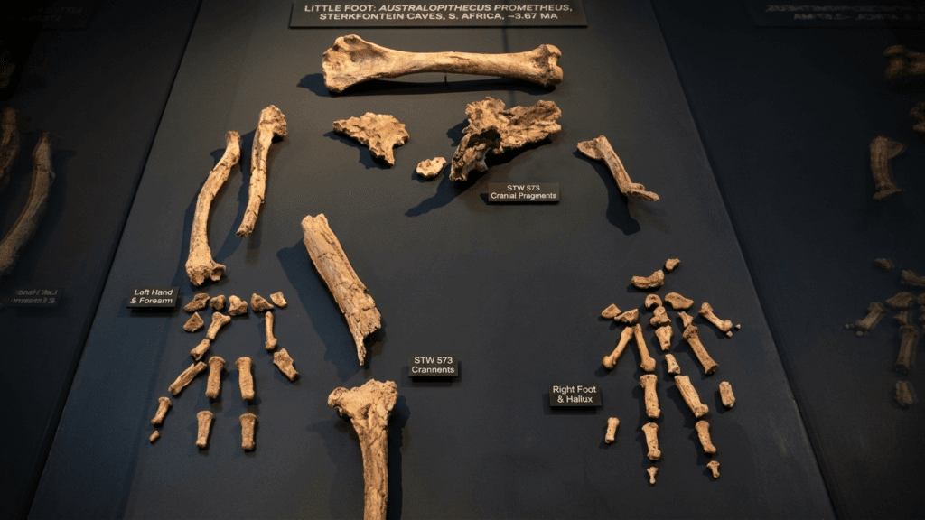 Fosil tangan kiri, lengan bawah, pecahan tengkorak, tengkorak, dan tulang kaki kanan Australopithecus prometheus dari Gua Sterkfontein, Afrika Selatan.