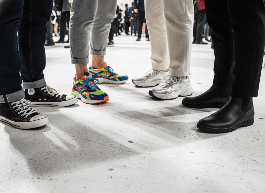 Sekelompok orang mengenakan berbagai sepatu termasuk Converse hitam, sepatu kets warna-warni, sepatu atletik perak, dan sepatu bot hitam di lantai beton.