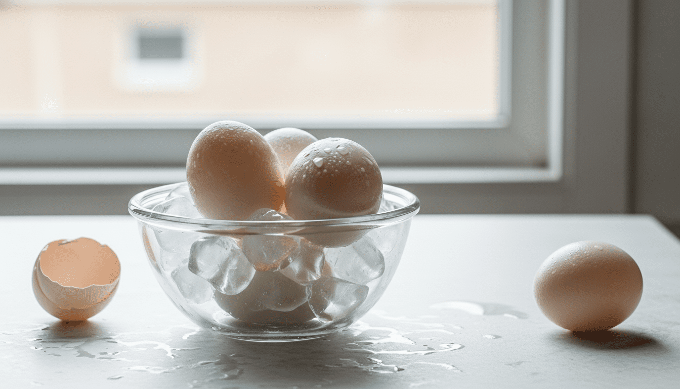 Telur coklat diletakkan di atas es batu dalam mangkuk kaca dengan satu cangkang telur retak dan satu telur utuh di dekatnya pada permukaan basah