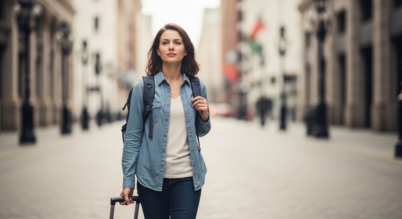 Wanita muda dengan ransel dan koper bergulir berjalan di jalan kota mengenakan kemeja denim dan atasan putih