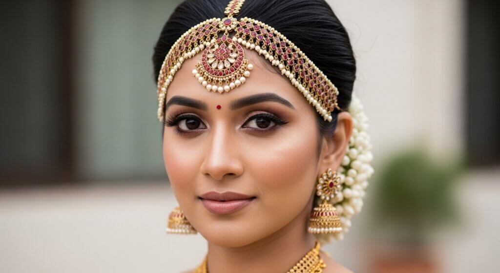 Tampilan jarak dekat dari seorang wanita yang mengenakan perhiasan pengantin tradisional India dengan emas, mutiara, dan batu merah.